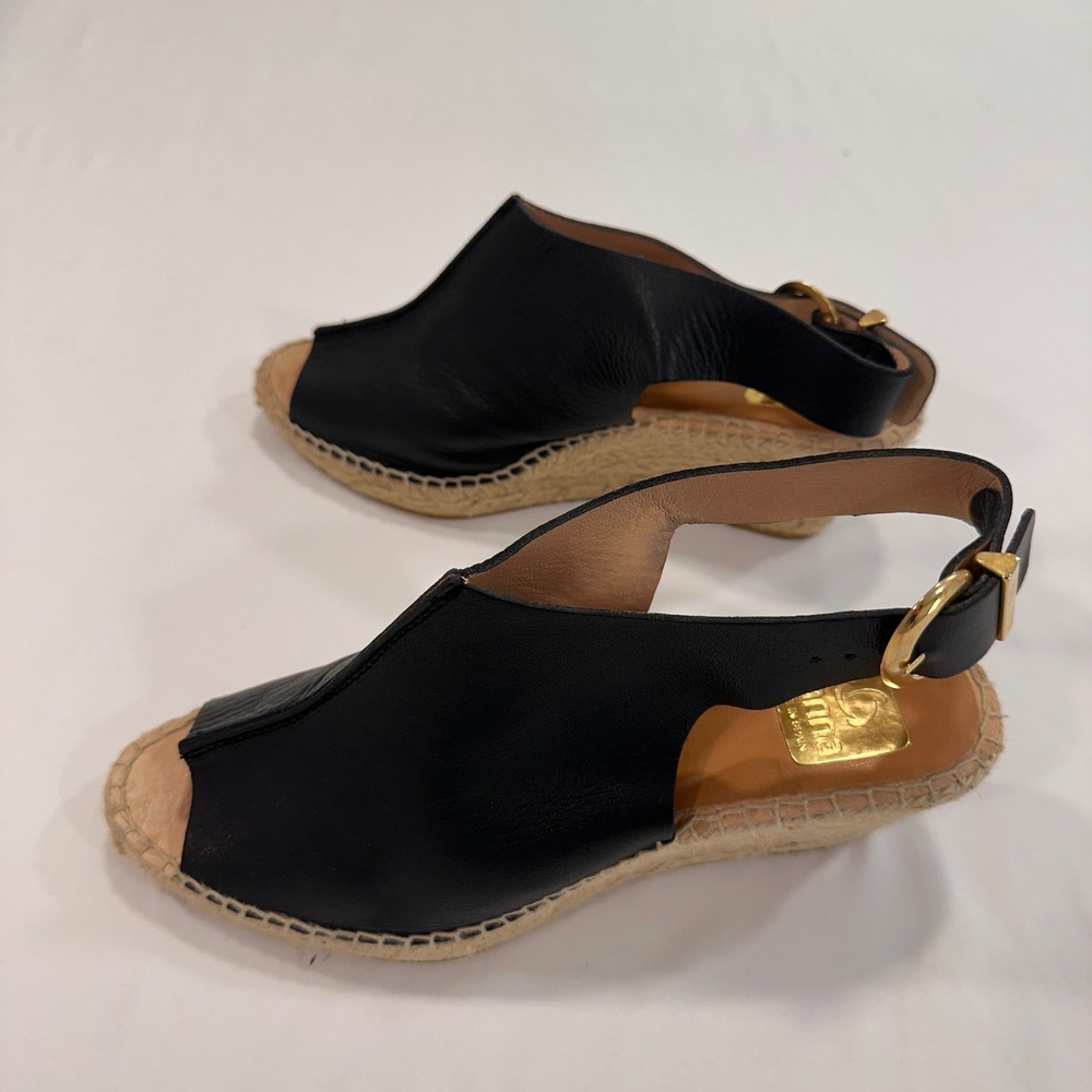 Kanna Leather Espadrille Wedge Sandals Women Size 40 Black Slingback Minimalist